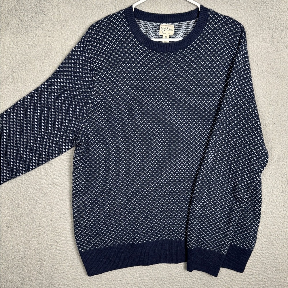 J Crew Sweater Mens XL Rugged Merino Wool Blend Blue Birdseye Knit Pullover EUC
